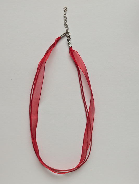 red cotton cord organza ribbon necklace with silver metallic clasp and adjustable chain