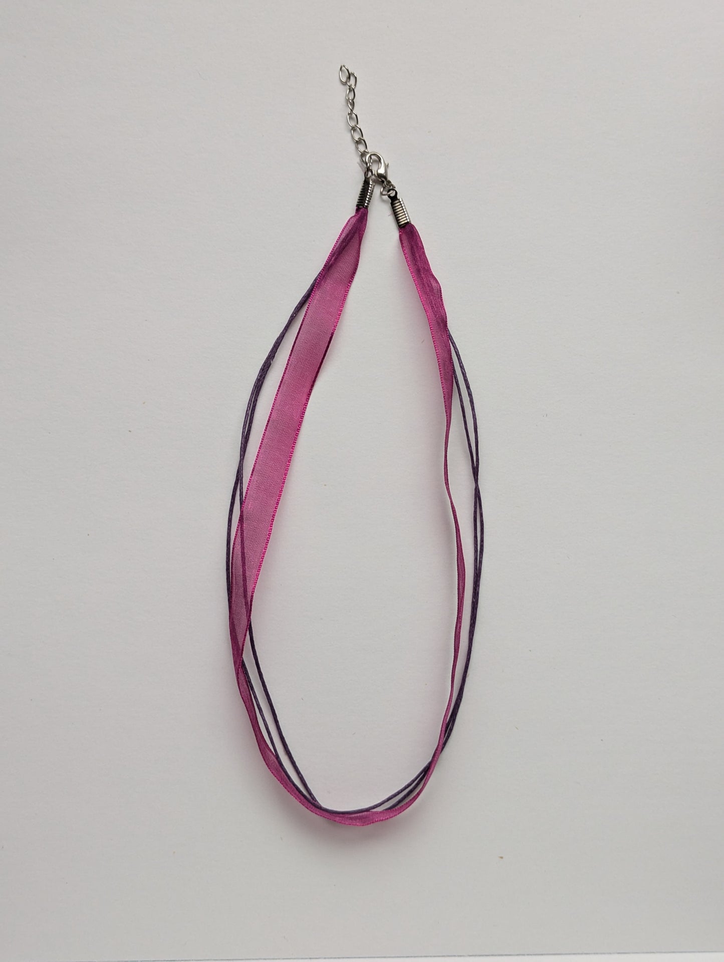 purple organza ribbon necklace with silver metallic clasp and adjustable chain