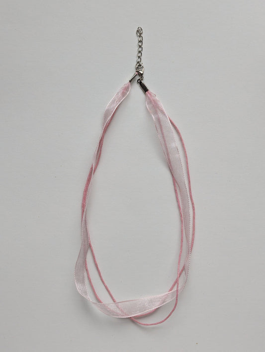 pink cotton cord organza ribbon necklace with silver metallic clasp and adjustable chain