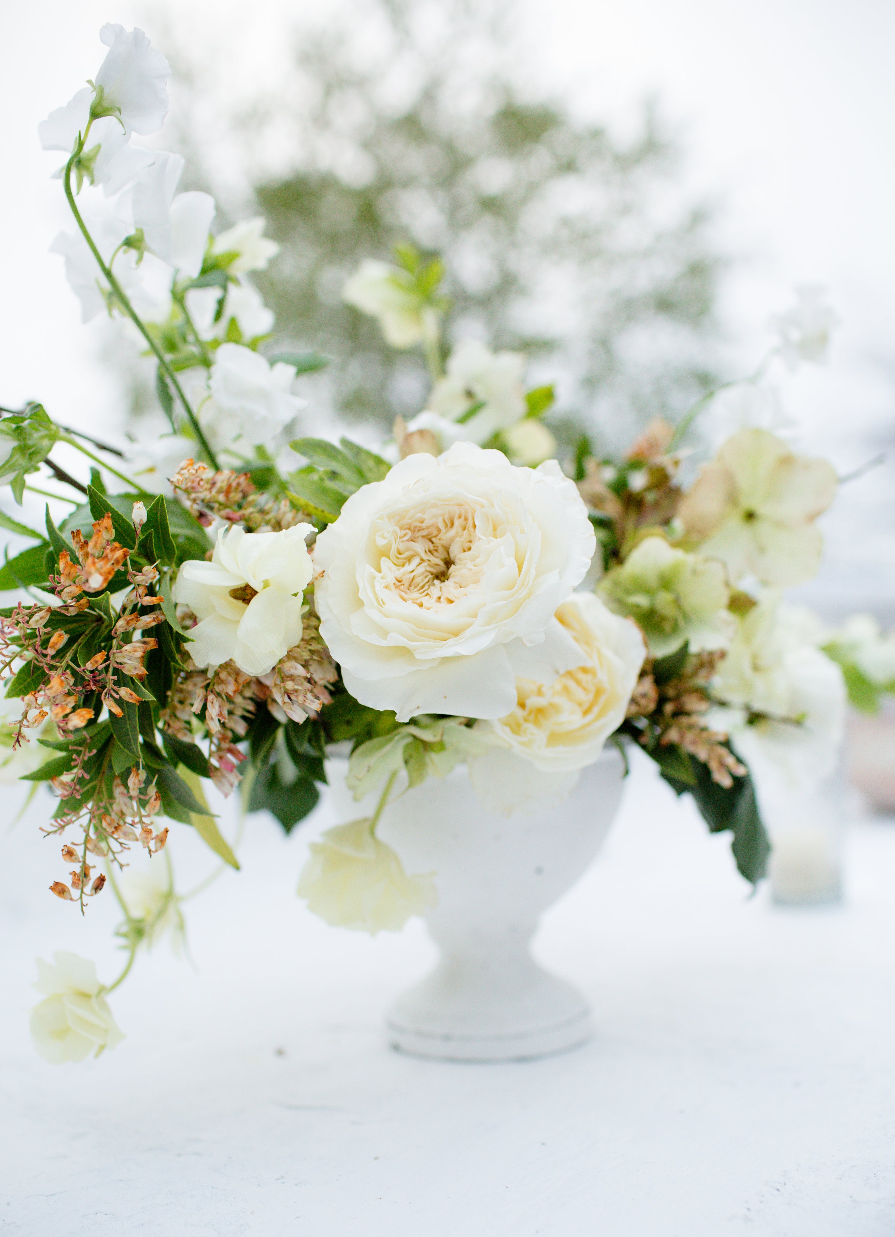 A white vase with white florals and green foliage.